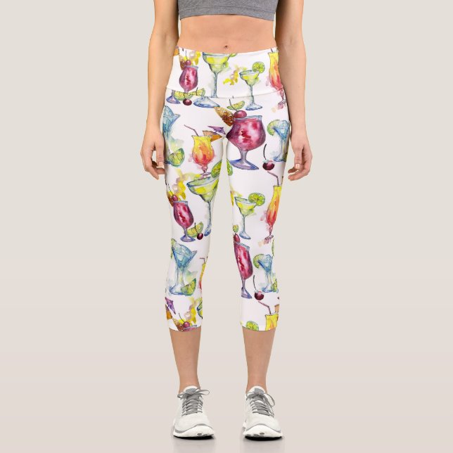 Leggings Capri Modelo de acuarela de bebidas tropicales de cóctel (Anverso)