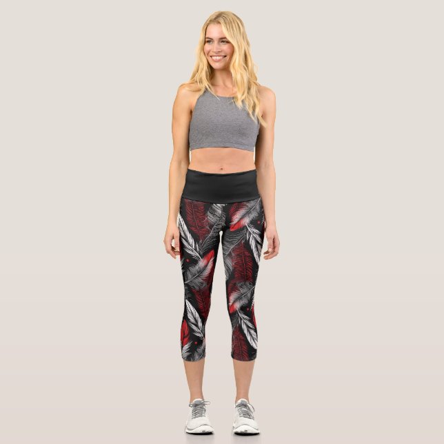 Leggings Capri Modern Black and Red Feather Design  (Anverso)
