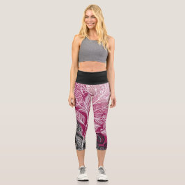 Leggings Capri Modern Black Pink Floral and Leaf 