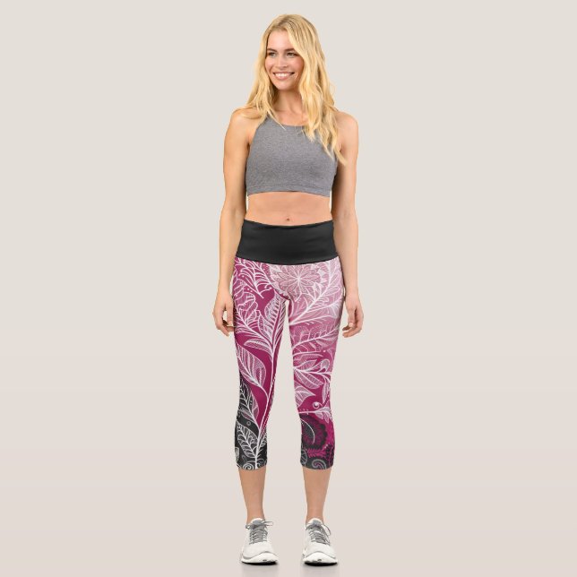 Leggings Capri Modern Black Pink Floral and Leaf  (Anverso)