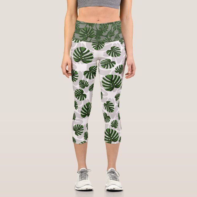 Leggings Capri Modern Boho Botanical Leaves Pattern (Anverso)
