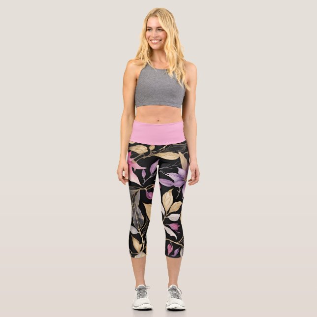 Leggings Capri Modern Pink, Black and Gold Floral  (Anverso)