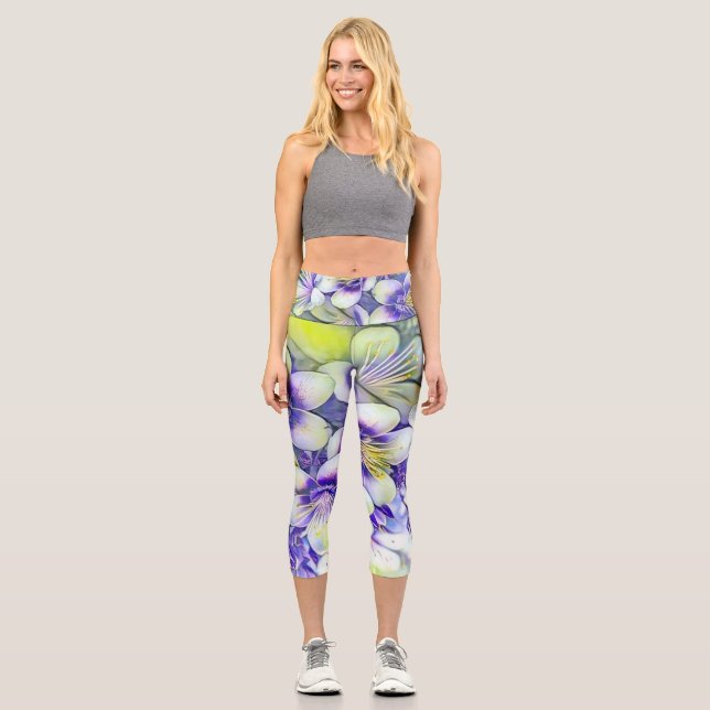 Leggings Capri Modern White Purple Cherry Blossoms Watercolor (Anverso)