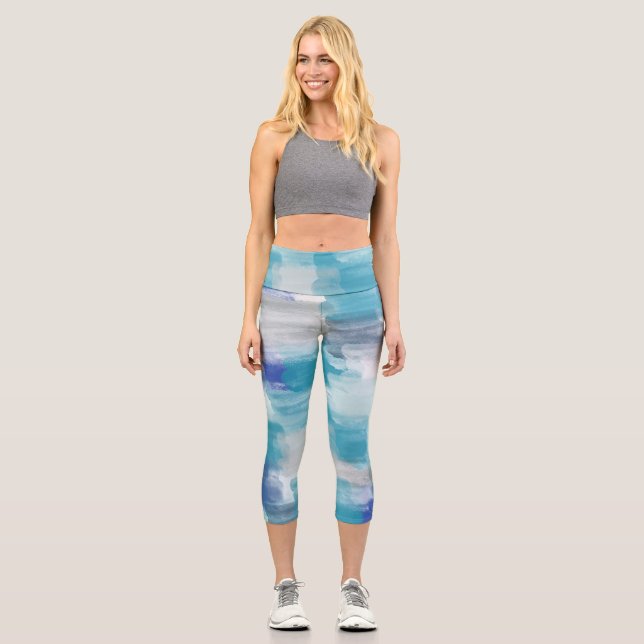 Leggings Capri Moderna acuarela turquesa y gris acuarela Resumen  (Anverso)