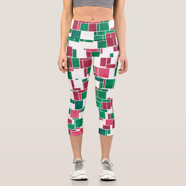 Leggings Capri Mondrian Navidades rojos y verdes audaces modernos (Anverso)