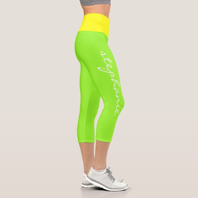 Leggings Capri Monograma moderno personalizado verde neón amarill (Derecha)