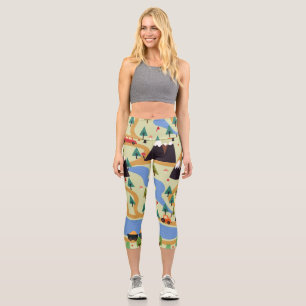 Leggings Capri Montañas, ríos, bosque, patrón de autos.