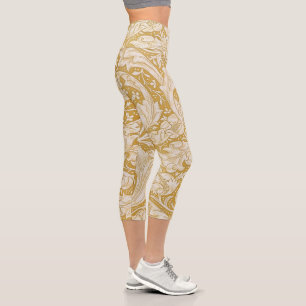 Leggings Capri Morris Bachelor's Button Flower & Golden Stems