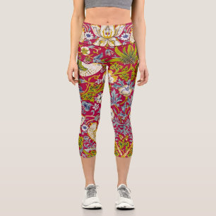 Leggings Capri Morris Red Background Strawberry Thief Pattern