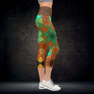 Leggings Capri Mosaic Kaleidoscope Flor verde y Naranja