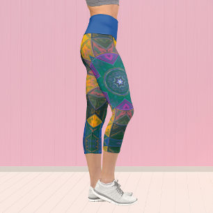 Leggings Capri Mosaico Kaleidoscope Flor Amarillo azul y Le rosa