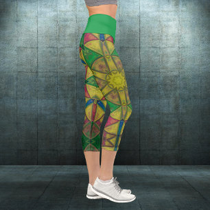 Leggings Capri Mosaico Kaleidoscope Flor Amarillo Verde y Le Rojo