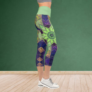 Leggings Capri Mosaico Kaleidoscope Flor Amarillo Verde y Púrpura