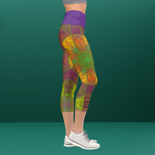 Leggings Capri Mosaico Kaleidoscope Flor morado verde y Naranja