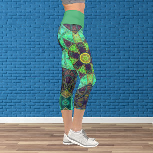 Leggings Capri Mosaico Kaleidoscope Flor verde Verde azulado y mo