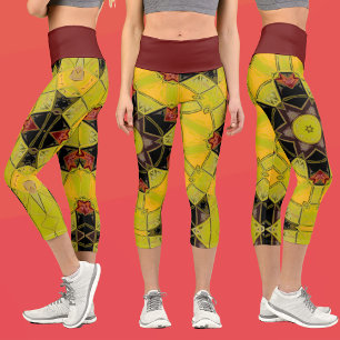 Leggings Capri Mosaico Mandala Flor Amarillo Verde Rojo y Negro