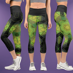 Leggings Capri Mosaico Mandala Flor Amarillo Verde y Negro