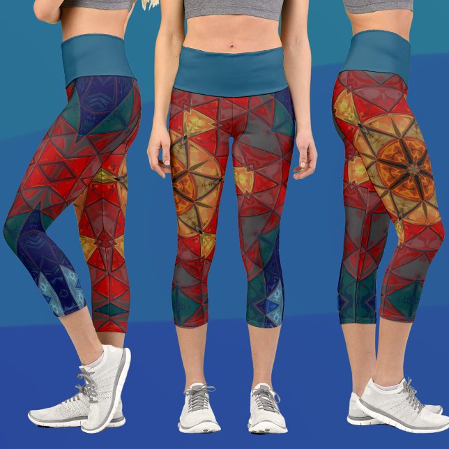 Leggings Capri Mosaico Mandala Flor azul rojo y amarillo (Subido por el creador)