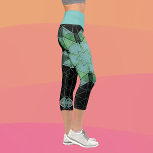 Leggings Capri Mosaico Mandala Flor Azul Verde y Negro