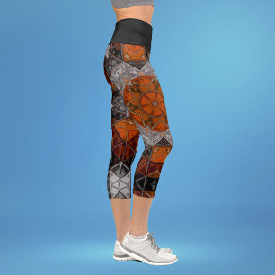 Leggings Capri Mosaico Mandala Flor Naranja Blanco y Negro
