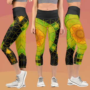 Leggings Capri Mosaico Mandala Flor Naranja Verde y Negro