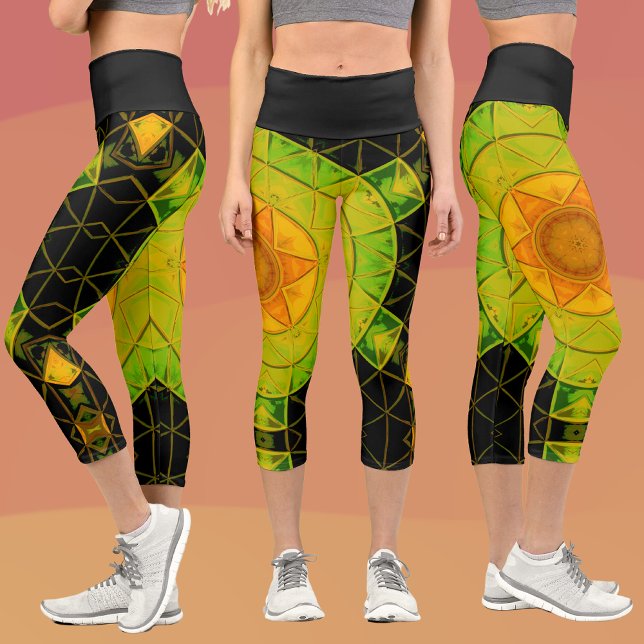 Leggings Capri Mosaico Mandala Flor Naranja Verde y Negro (Subido por el creador)