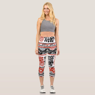 Leggings Capri Motivos indios, rojo negro, patrón sin costuras.