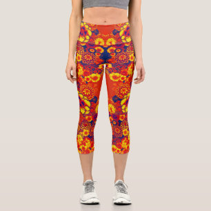 Leggings Capri Naranja AMARILLO FLOWERS Peony, Rosas floral japon