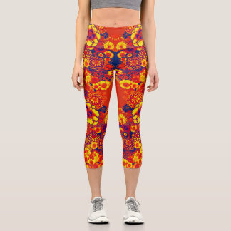 Leggings Capri Naranja AMARILLO FLOWERS Peony, Rosas floral japon