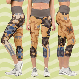 Leggings Capri Naranja azul de flores Retro Mandala y marrón