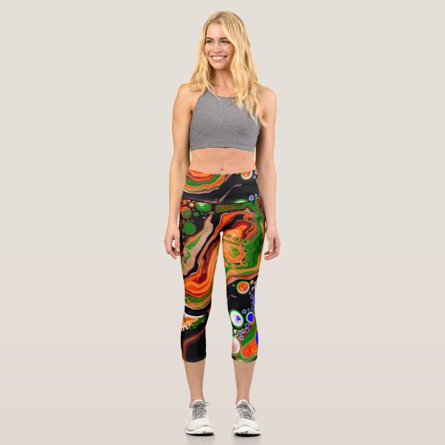 Leggings Capri Naranja, azul, verde, negro, arte de fluido digita (Anverso)