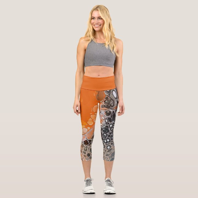 Leggings Capri Naranja con burbujas de células negras y grises (Anverso)