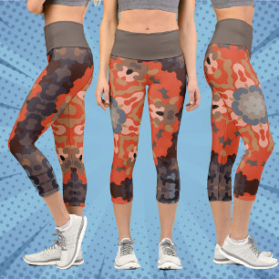 Leggings Capri Naranja de flores Retro Mandala Azul y Tan