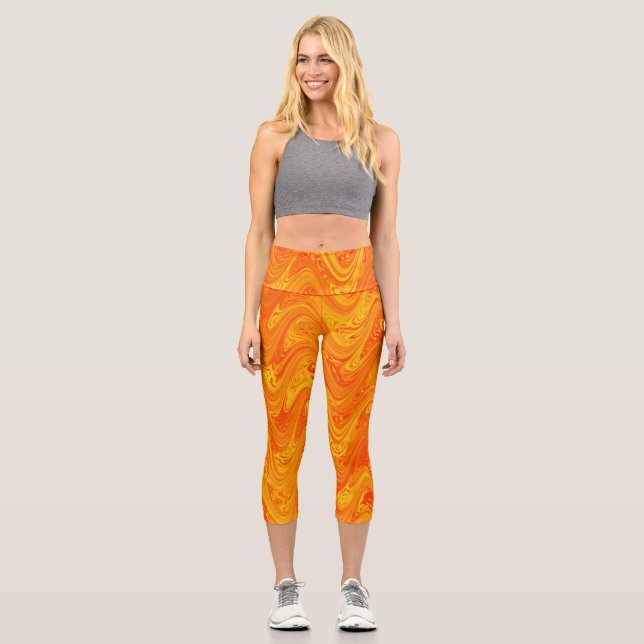 Leggings Capri Naranja de mareo Patrón rojo amarillo (Anverso)