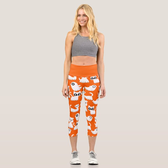 Leggings Capri naranja de perro de hurón fantasma de halloween (Anverso)