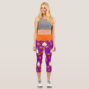 Leggings Capri naranja fantasma florido lindo de halloween