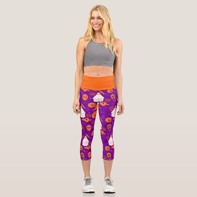 Leggings Capri naranja fantasma florido lindo de halloween (Anverso)