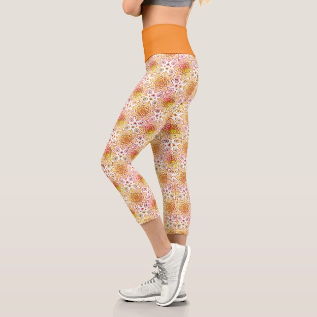 Leggings Capri Naranja Floral Mandala Círculo Patrón de Batik (Izquierda)