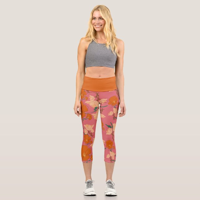 Leggings Capri Naranja floral y patrón rosa (Anverso)