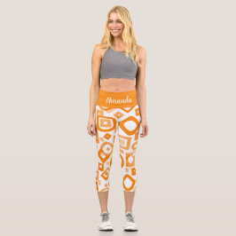 Leggings Capri Naranja Geometría Blanca Capris De Alto Deseado