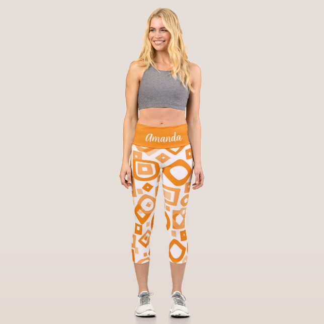 Leggings Capri Naranja Geometría Blanca Capris De Alto Deseado (Anverso)