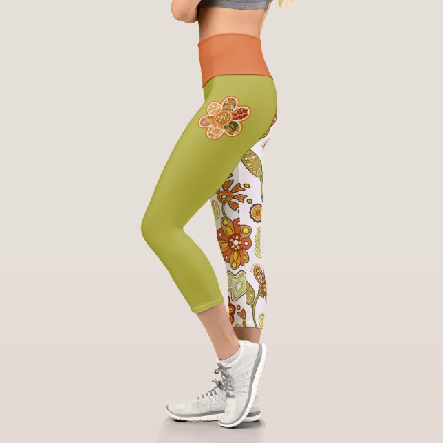 Leggings Capri Naranja hippie de flor retro verde (Izquierda)
