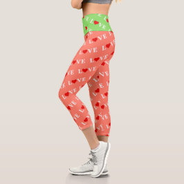 Leggings Capri Naranja LOVE y Red Heart Pattern Elegante Romántic