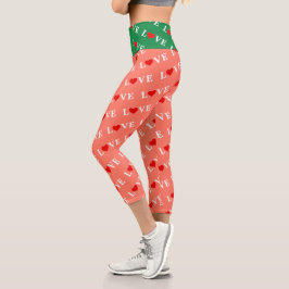 Leggings Capri Naranja LOVE y Red Heart Pattern Elegante Romántic