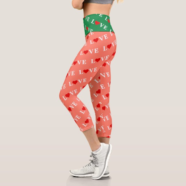 Leggings Capri Naranja LOVE y Red Heart Pattern Elegante Romántic (Izquierda)