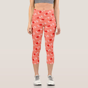 Leggings Capri Naranja LOVE y Red Heart Pattern Elegante Romántic