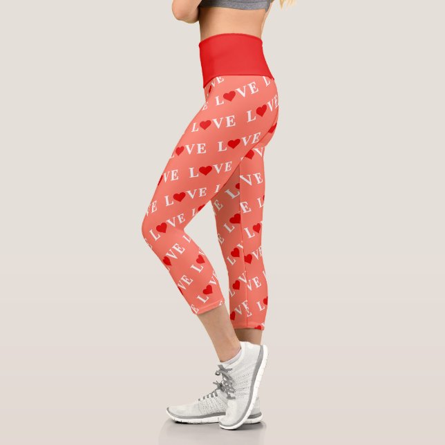 Leggings Capri Naranja LOVE y Red Heart Pattern Elegante Romántic (Izquierda)