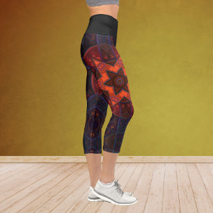Leggings Capri Naranja morado de flores Mosaic Kaleidoscope y azu