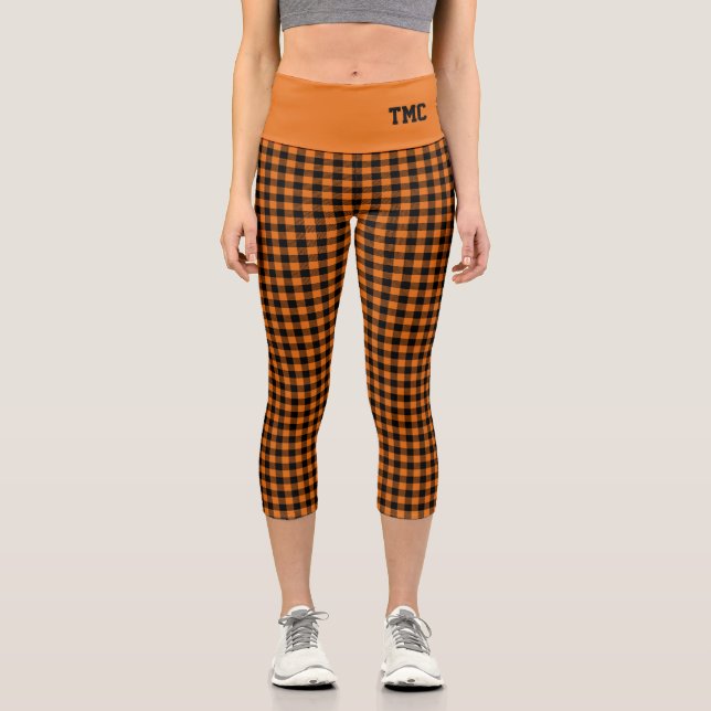 Leggings Capri Naranja Otoño Black Buffalo Plaid INITIALS Capri (Anverso)