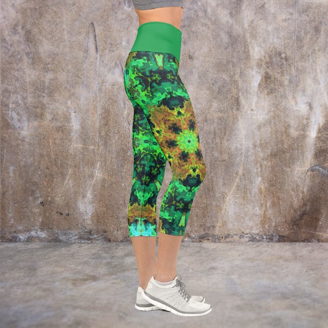 Leggings Capri Naranja psicodélico de flores hippie y legión verd (Subido por el creador)